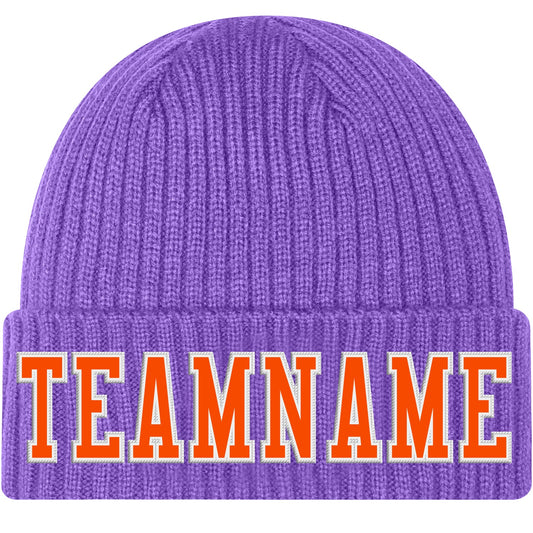 Custom Purple Orange-White Stitched Cuffed Knit Hat - Main View