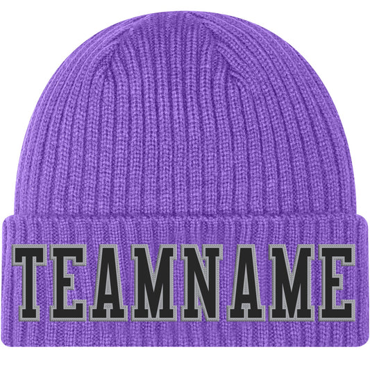 Custom Purple Black-Gray Stitched Cuffed Knit Hat - Main View