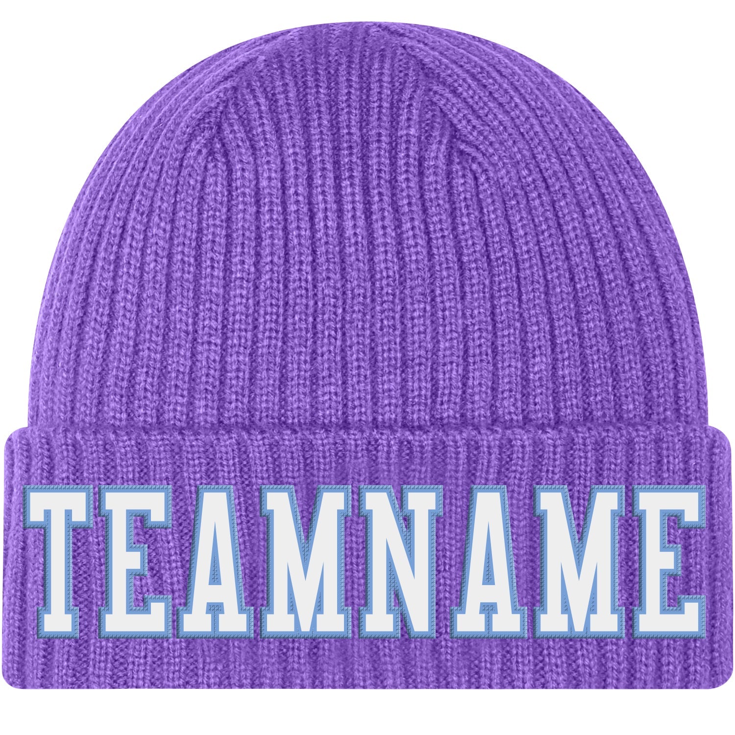 Custom Purple White-Light Blue Stitched Cuffed Knit Hat - Main View
