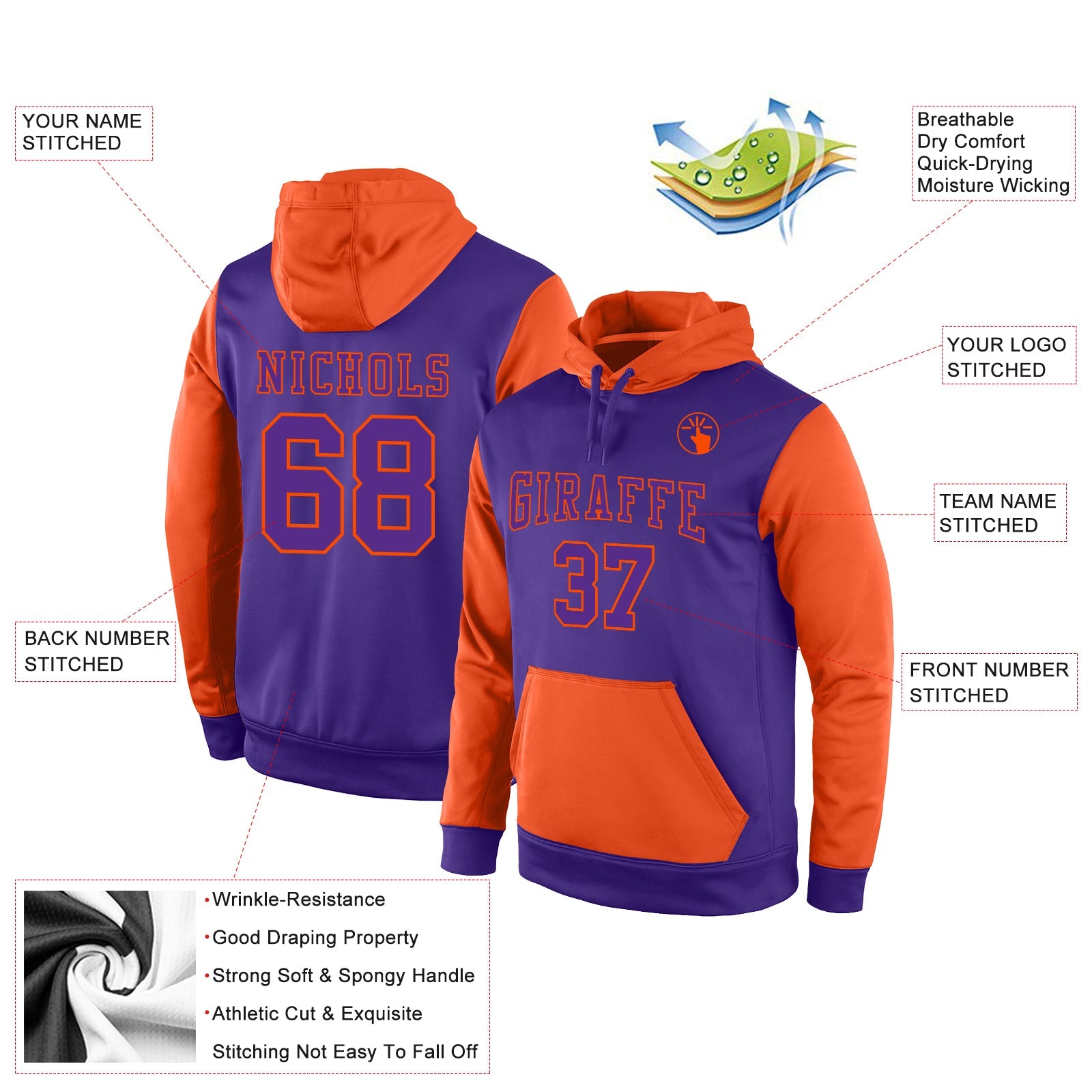 Custom Stitched Purple Purple-Orange Sports Pullover Sweatshirt Hoodie view 2