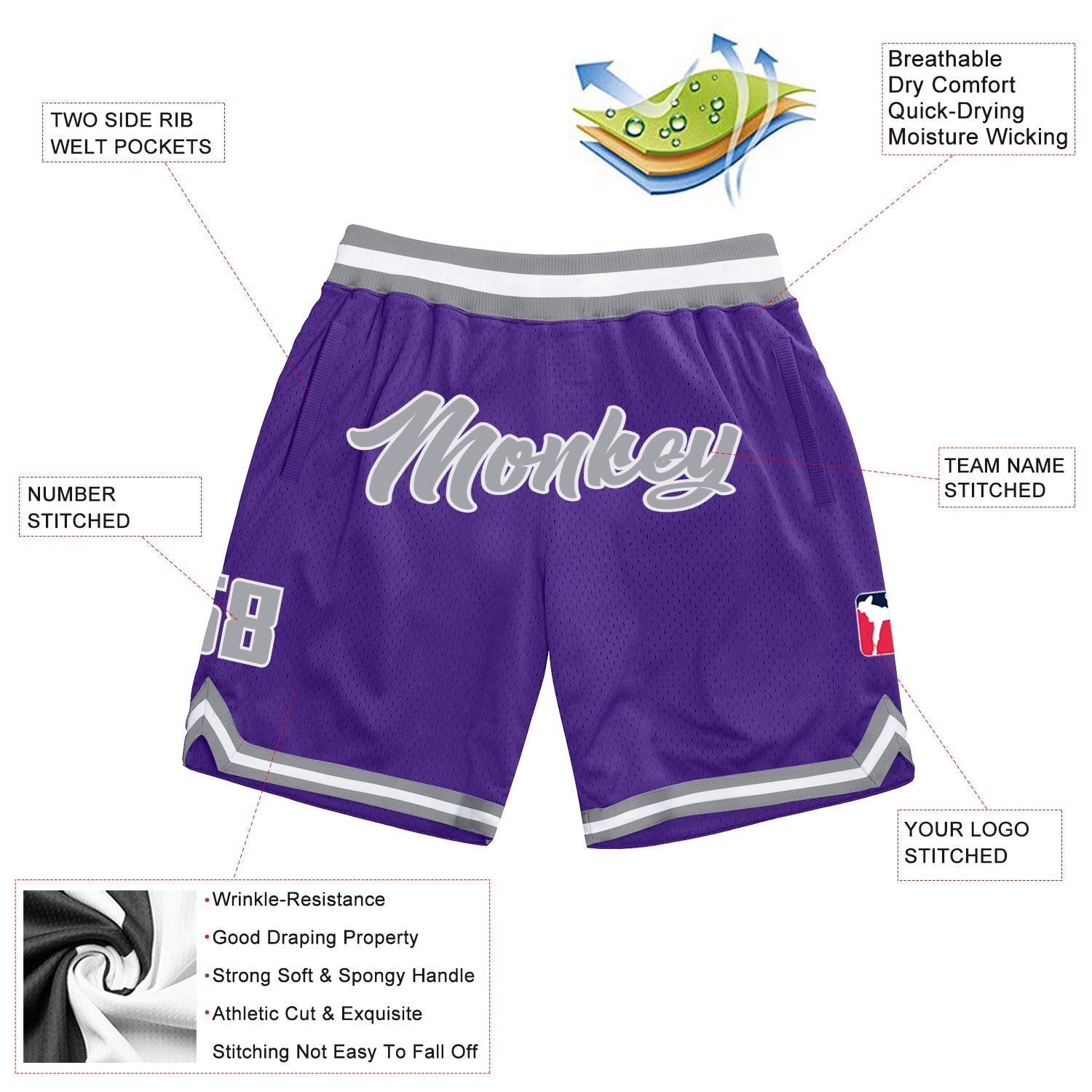Custom Purple Gray-White Authentic Throwback Basketball Shorts view 2