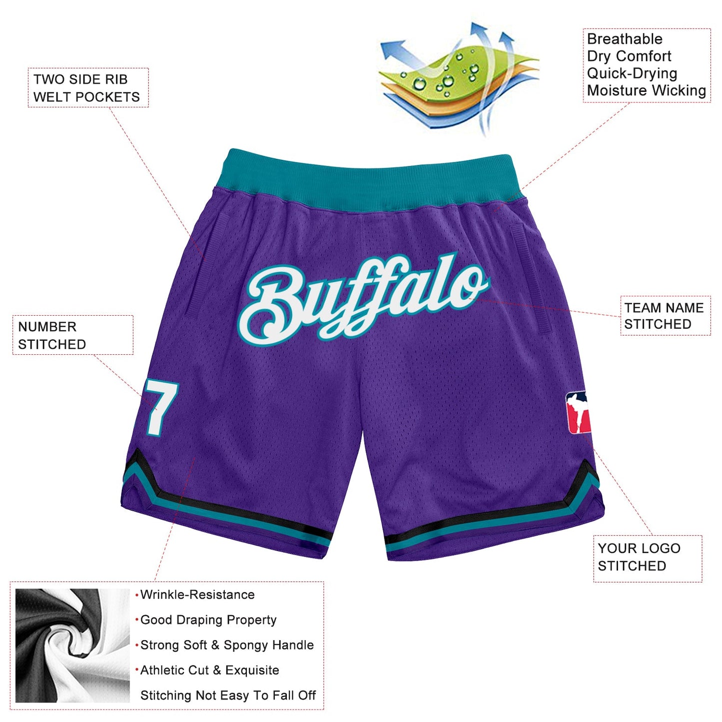 Custom Purple White-Teal Authentic Throwback Basketball Shorts view 2