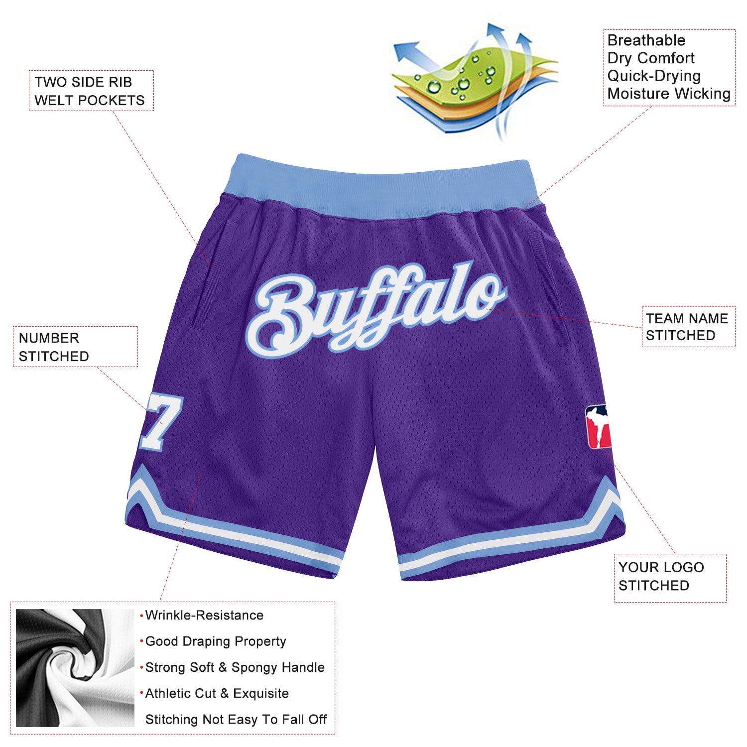 Custom Purple White-Light Blue Authentic Throwback Basketball Shorts view 2