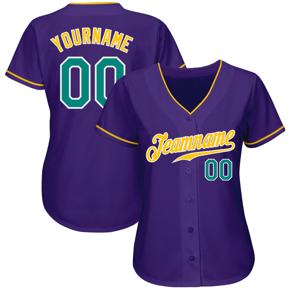 Custom Purple Aqua-Gold Authentic Baseball Jersey view 3