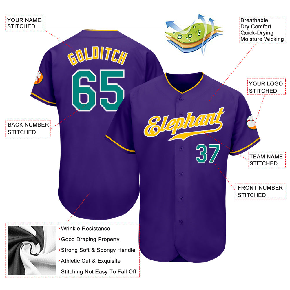 Custom Purple Aqua-Gold Authentic Baseball Jersey view 4