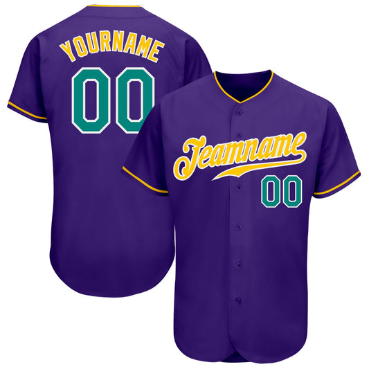 Custom Purple Aqua-Gold Authentic Baseball Jersey - Main View