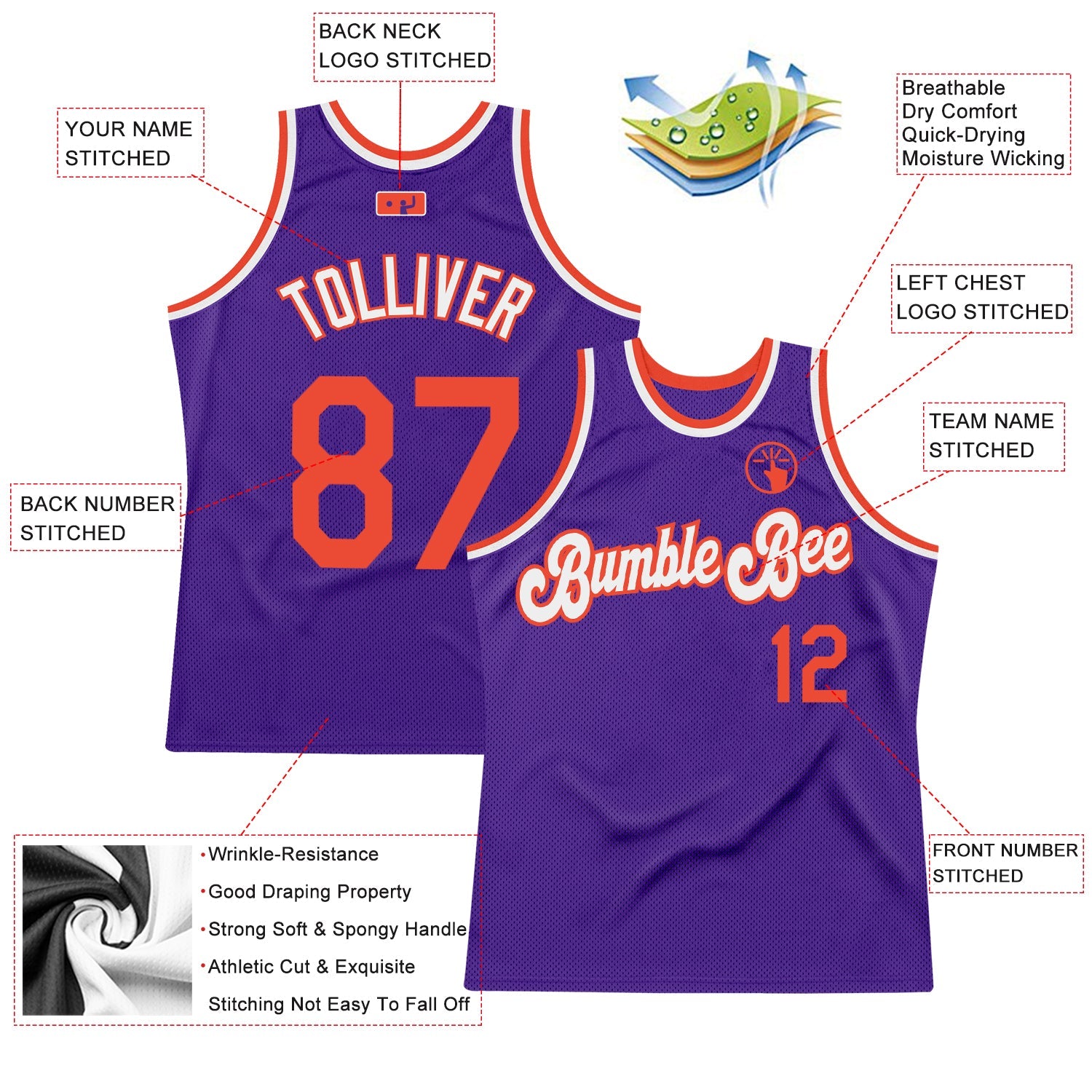 Custom Purple Orange-White Authentic Throwback Basketball Jersey view 2