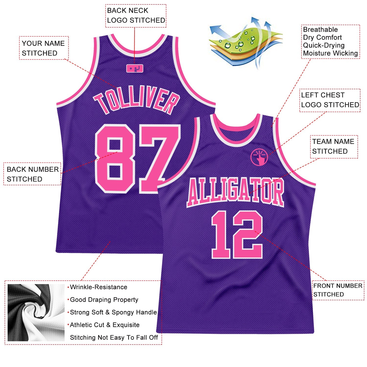 Custom Purple Pink-White Authentic Throwback Basketball Jersey view 2