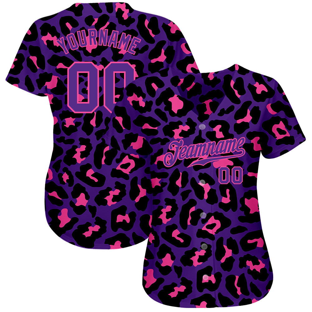 Custom Purple Purple-Pink 3D Pattern Design Leopard Authentic Baseball Jersey view 2