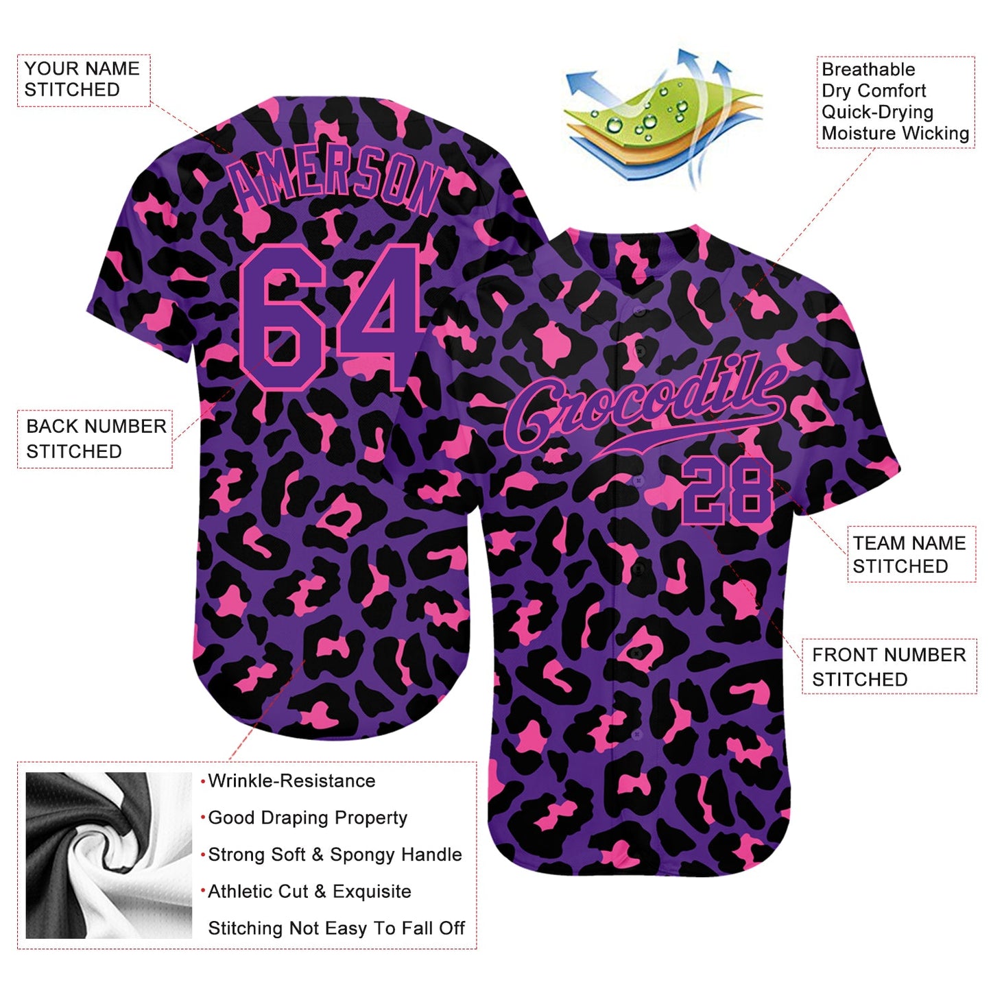 Custom Purple Purple-Pink 3D Pattern Design Leopard Authentic Baseball Jersey view 3