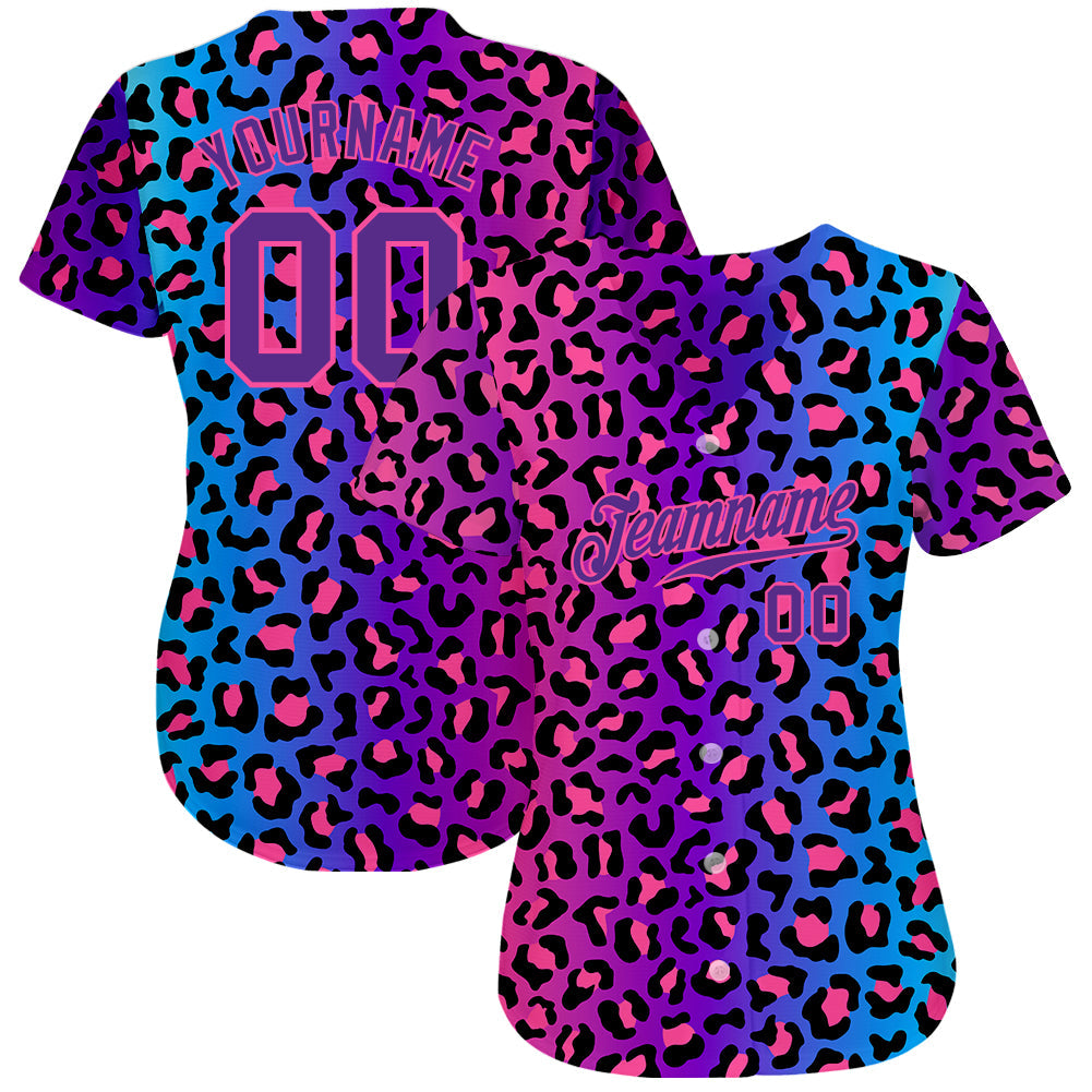 Custom Purple Purple-Pink 3D Pattern Design Leopard Authentic Baseball Jersey view 2