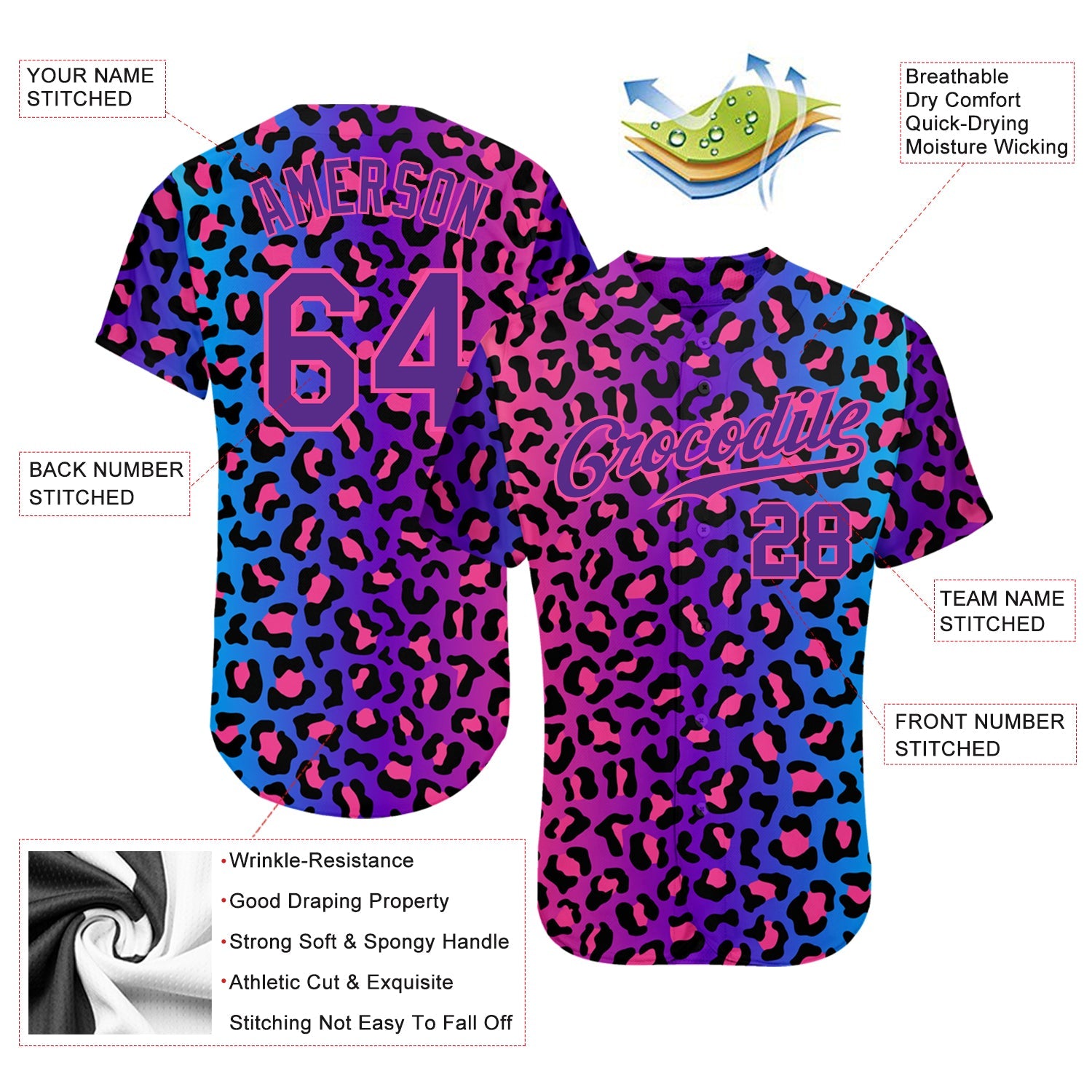 Custom Purple Purple-Pink 3D Pattern Design Leopard Authentic Baseball Jersey view 3