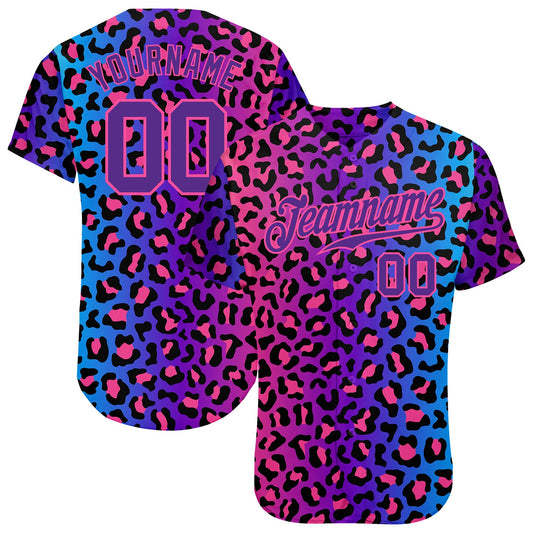 Custom Purple Purple-Pink 3D Pattern Design Leopard Authentic Baseball Jersey - Main View