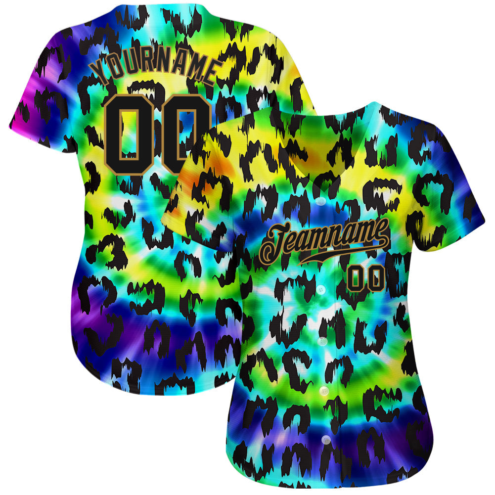 Custom Purple Black-Old Gold 3D Pattern Design Leopard Authentic Baseball Jersey view 2