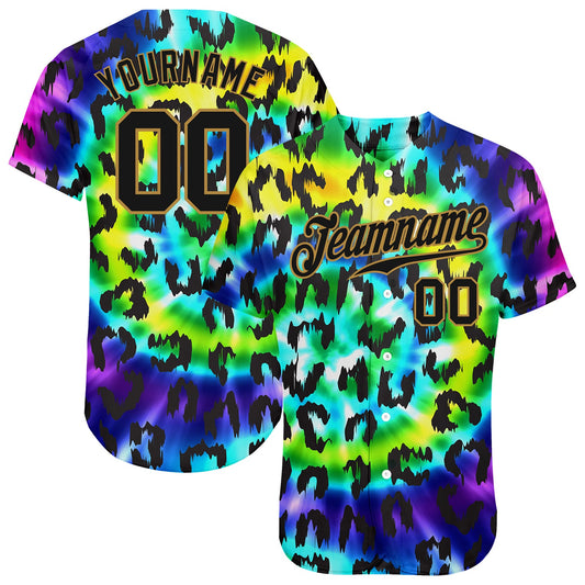 Custom Purple Black-Old Gold 3D Pattern Design Leopard Authentic Baseball Jersey - Main View