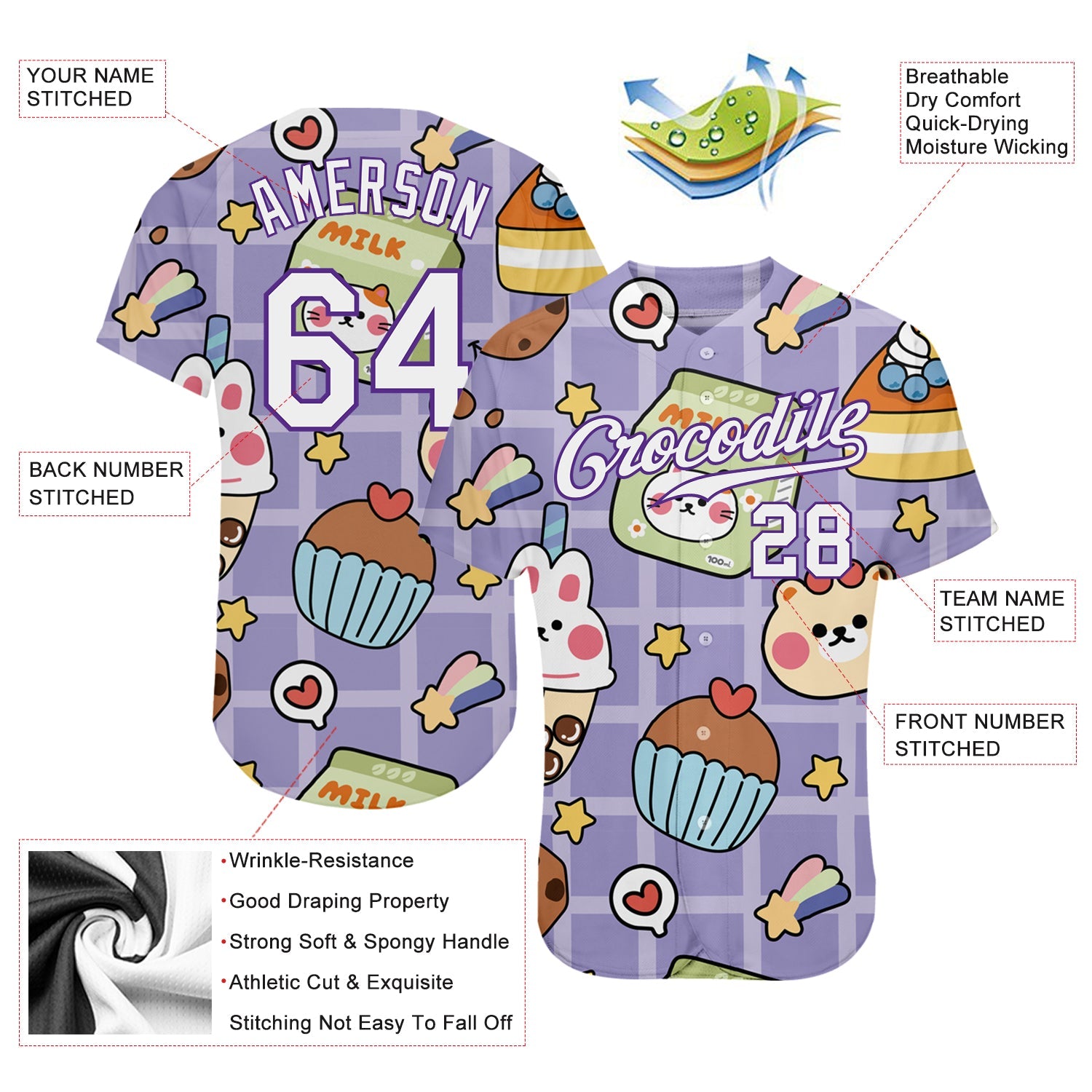 Custom Purple White-Purple 3D Pattern Design Sticker Cartoons Authentic Baseball Jersey view 3