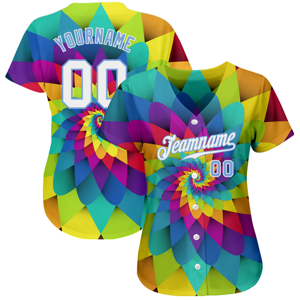 Custom Purple White-Light Blue 3D Pattern Design Rainbow Spiral Authentic Baseball Jersey view 2