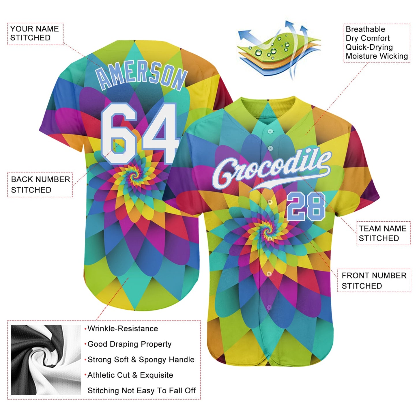 Custom Purple White-Light Blue 3D Pattern Design Rainbow Spiral Authentic Baseball Jersey view 3