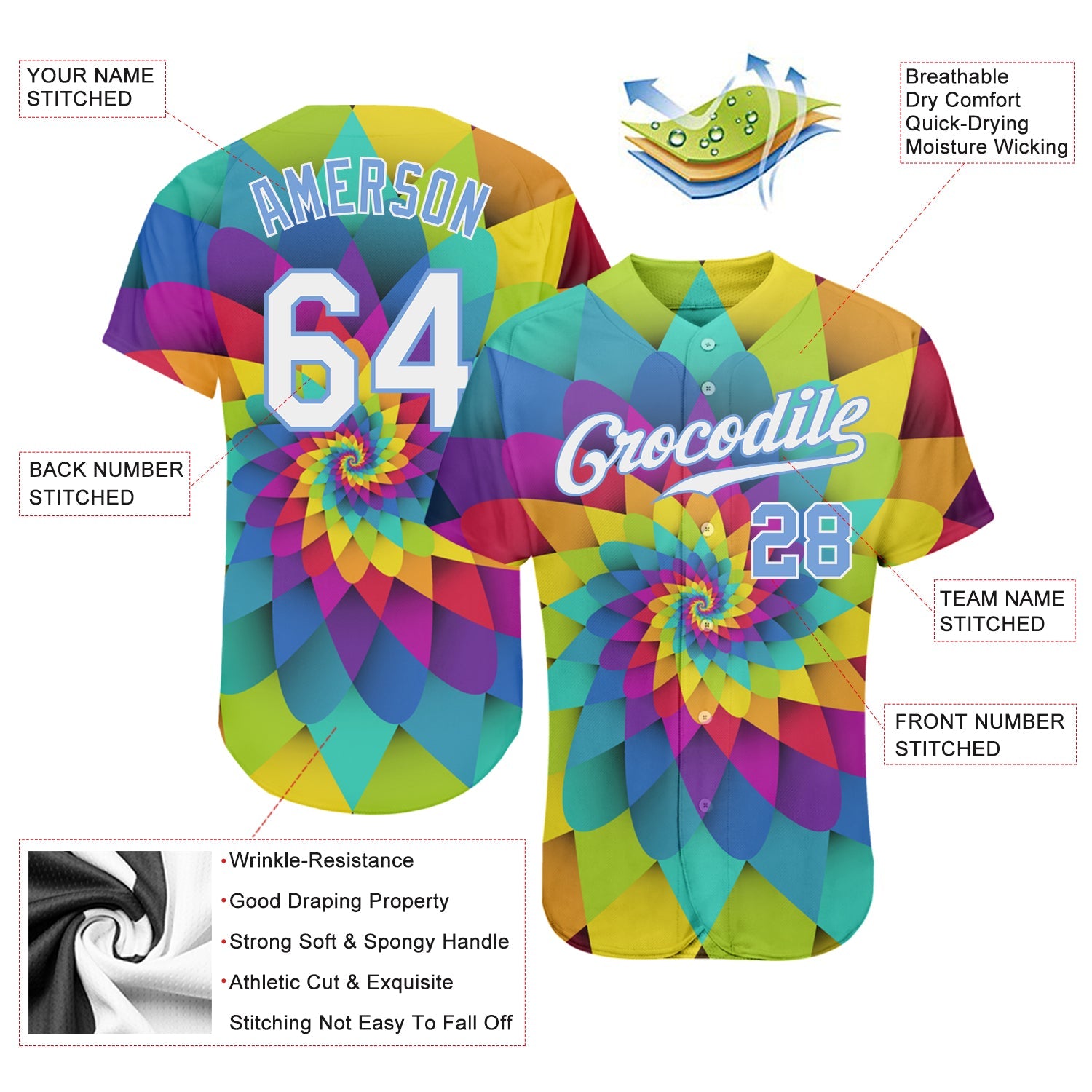 Custom Purple White-Light Blue 3D Pattern Design Rainbow Spiral Authentic Baseball Jersey view 3