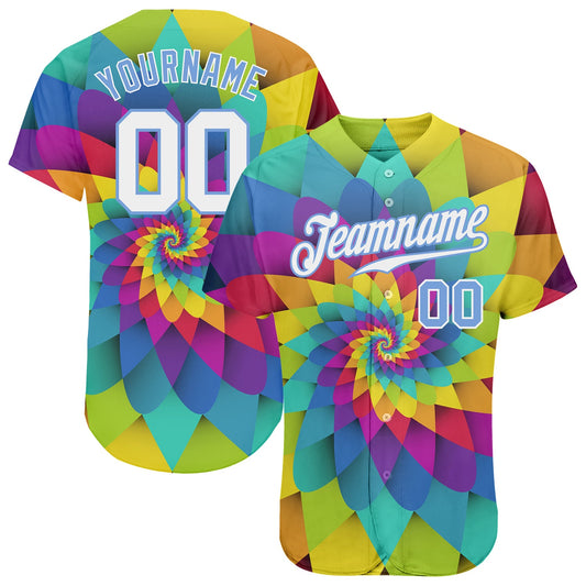 Custom Purple White-Light Blue 3D Pattern Design Rainbow Spiral Authentic Baseball Jersey - Main View