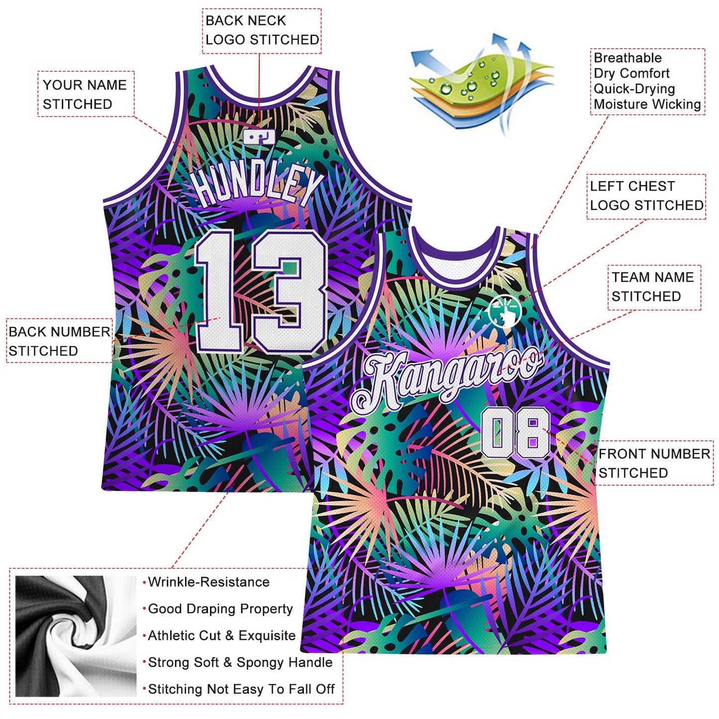 Custom Purple White-Purple 3D Pattern Tropical Hawaii Plants Authentic Basketball Jersey view 2