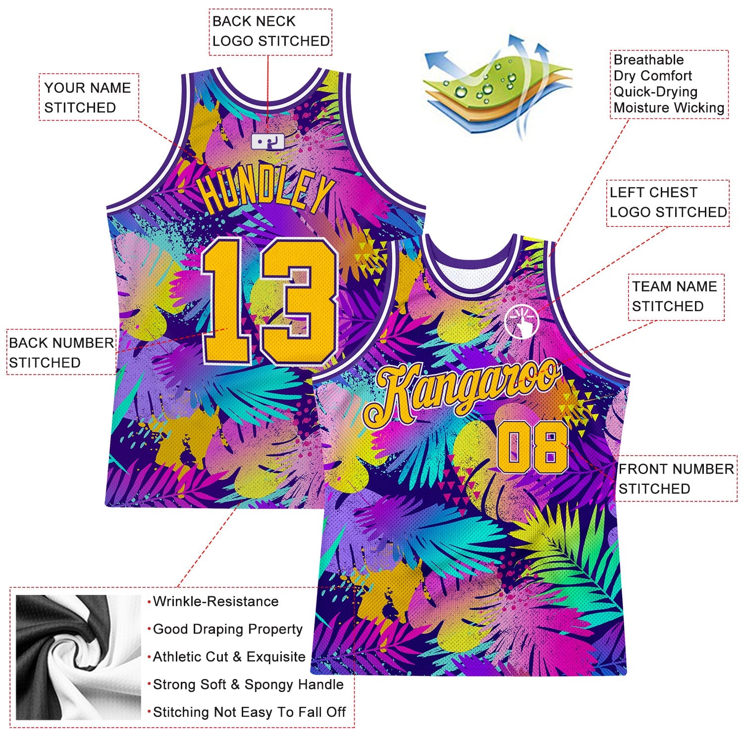Custom Purple Gold-White 3D Pattern Tropical Hawaii Plants Authentic Basketball Jersey view 2
