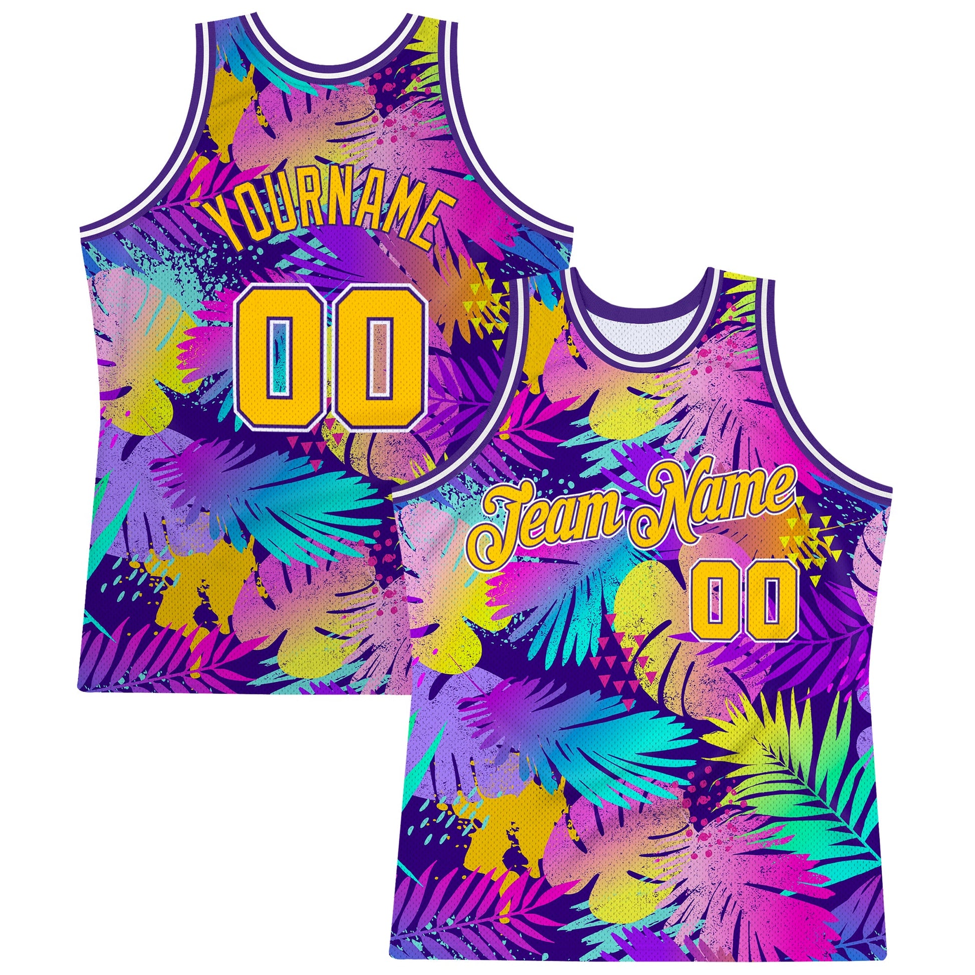 Custom Purple Gold-White 3D Pattern Tropical Hawaii Plants Authentic Basketball Jersey - Main View