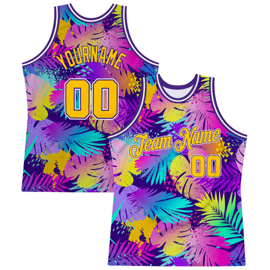 Custom Purple Gold-White 3D Pattern Tropical Hawaii Plants Authentic Basketball Jersey - Main View