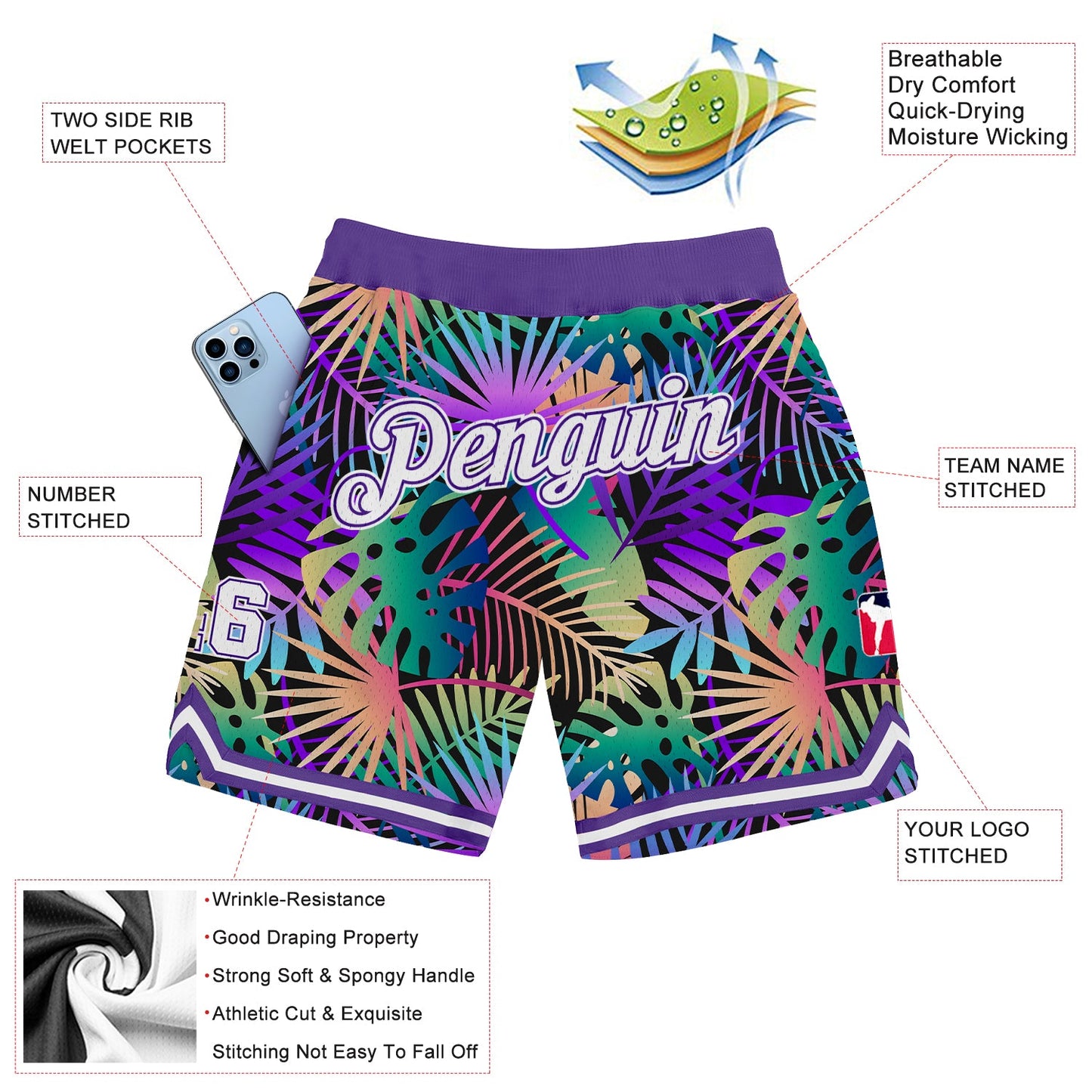 Custom Purple White-Purple 3D Pattern Design Tropical Palm Leaves Authentic Basketball Shorts view 2