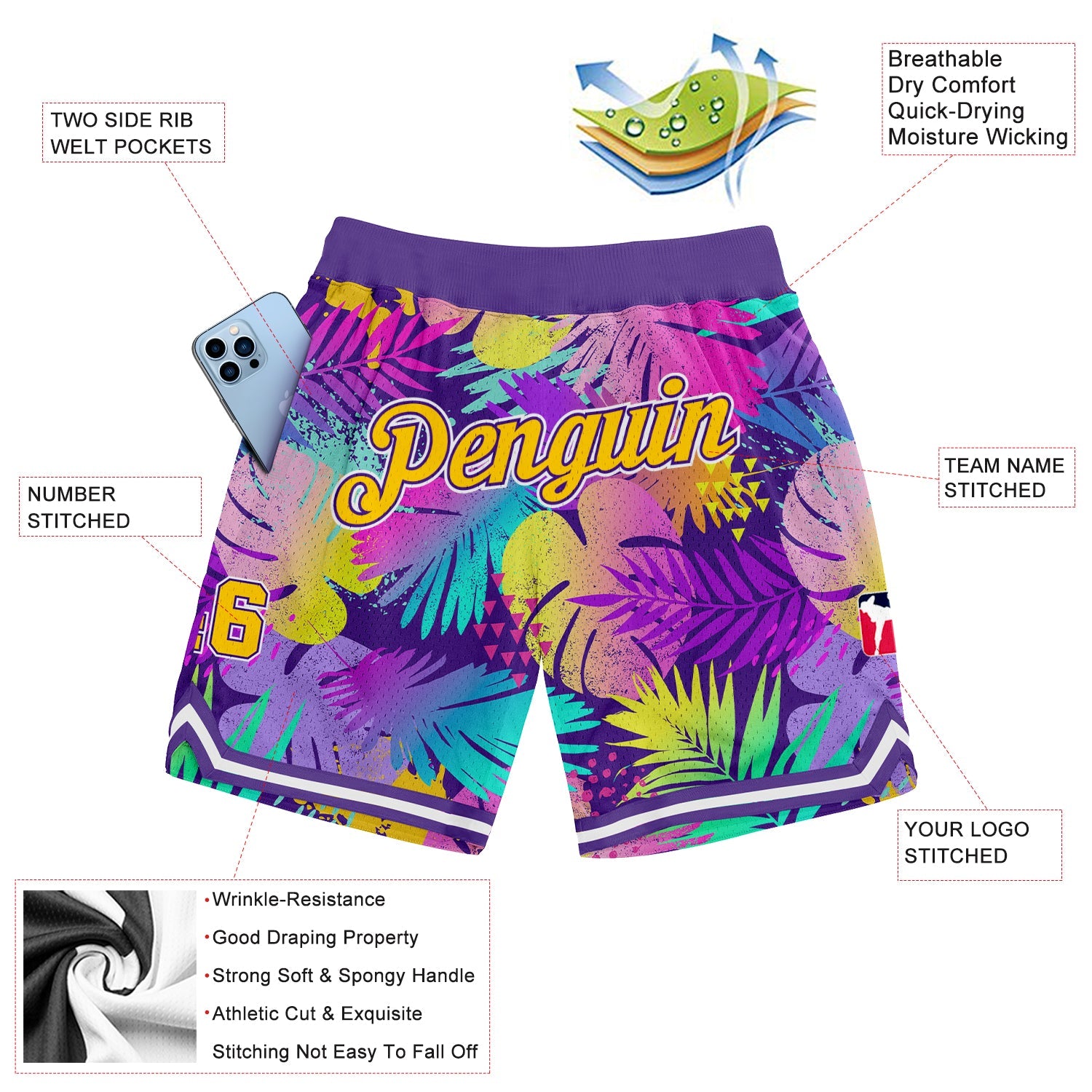 Custom Purple Gold-White 3D Pattern Design Tropical Palm Leaves Authentic Basketball Shorts view 2