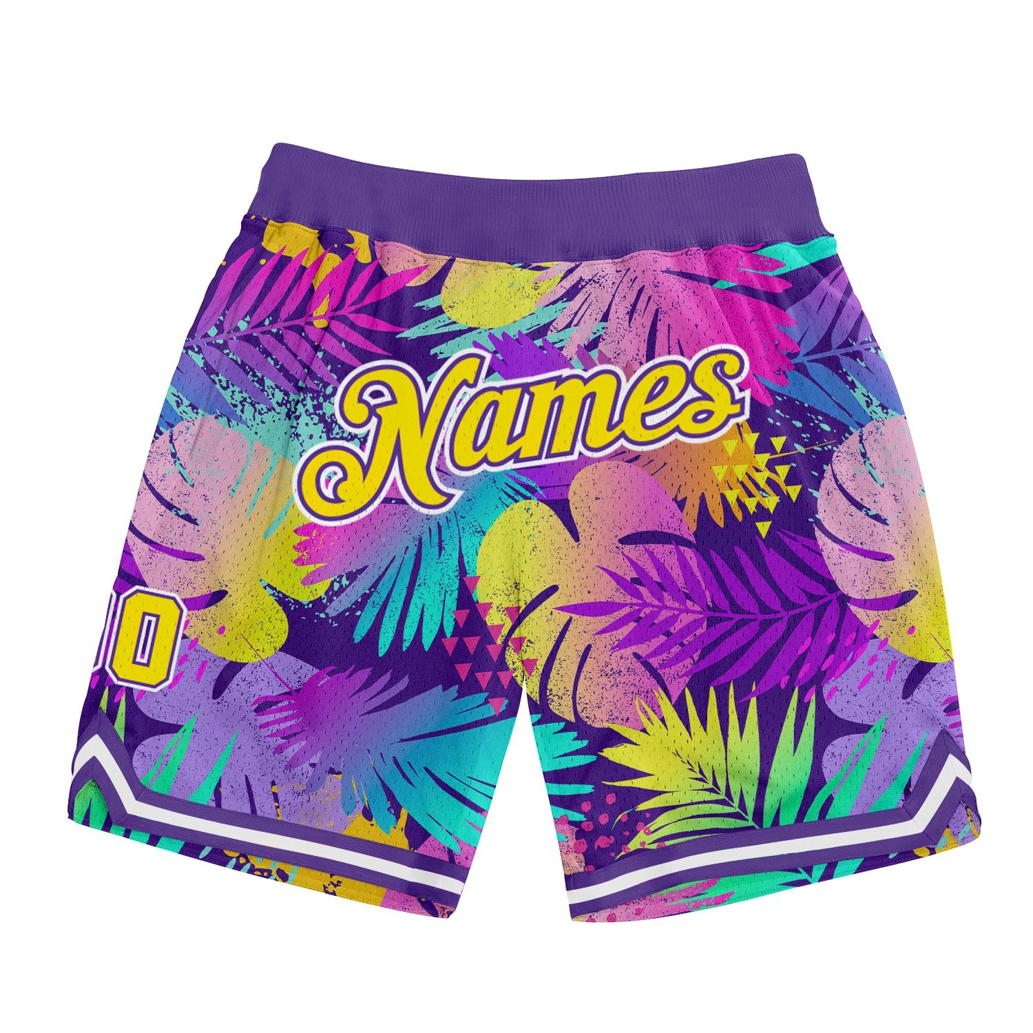 Custom Purple Gold-White 3D Pattern Design Tropical Palm Leaves Authentic Basketball Shorts - Main View