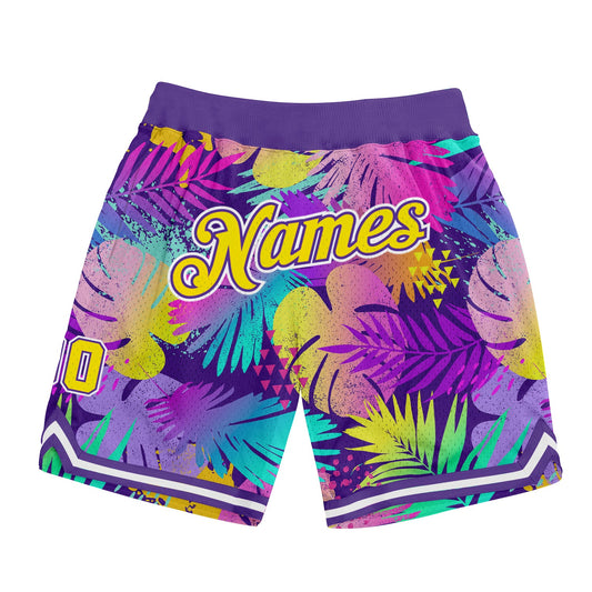 Custom Purple Gold-White 3D Pattern Design Tropical Palm Leaves Authentic Basketball Shorts - Main View