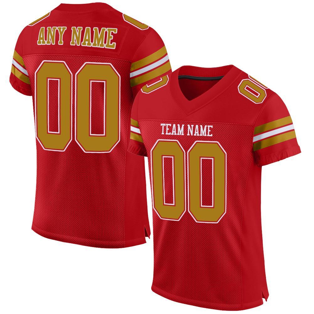 Custom Red Old Gold-White Mesh Authentic Football Jersey - Main View