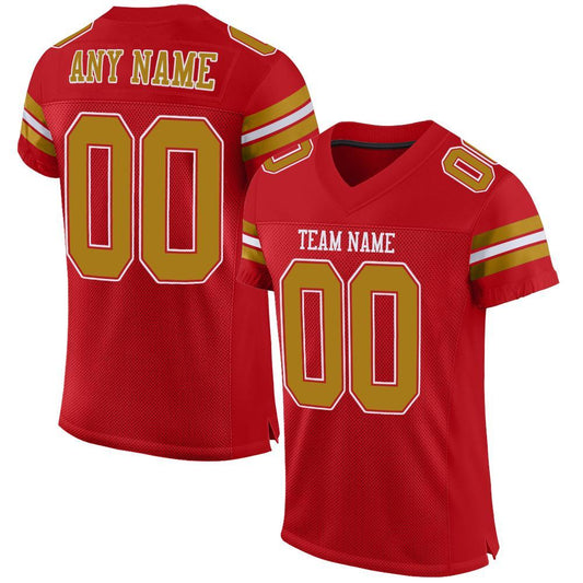 Custom Red Old Gold-White Mesh Authentic Football Jersey - Main View