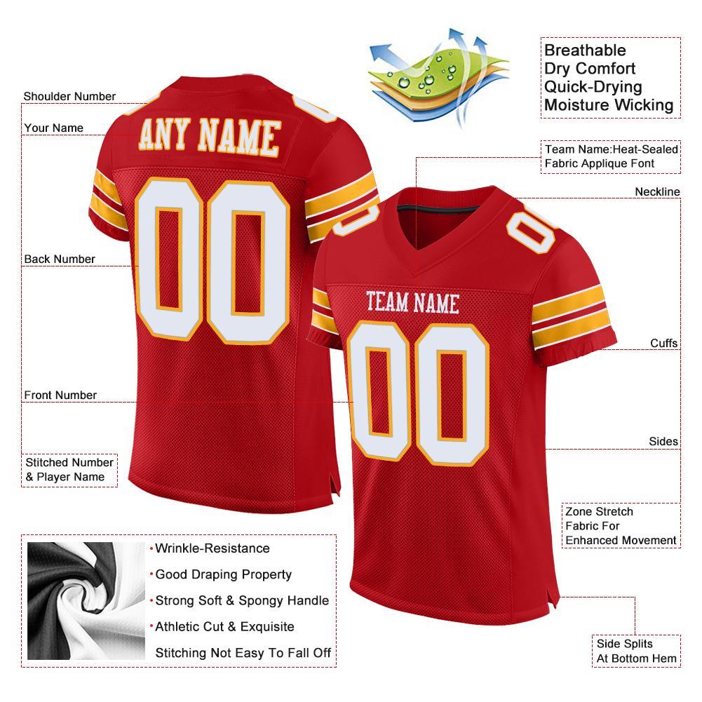 Custom Red White-Gold Mesh Authentic Football Jersey view 4