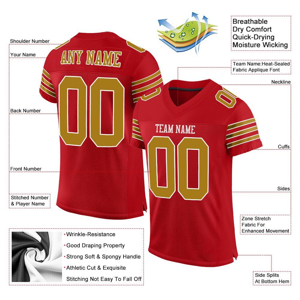 Custom Red Old Gold-White Mesh Authentic Football Jersey view 4