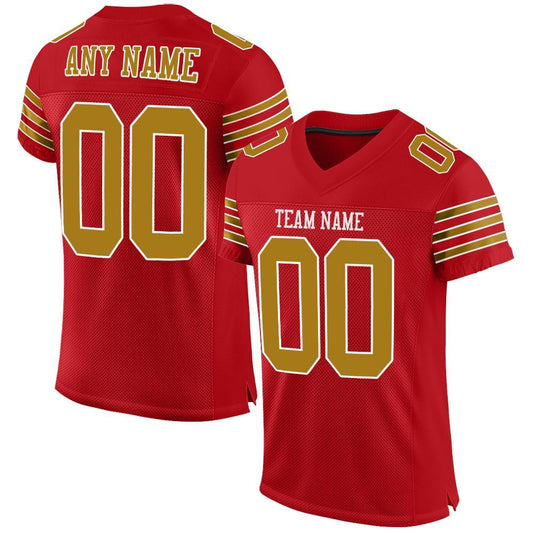 Custom Red Old Gold-White Mesh Authentic Football Jersey - Main View