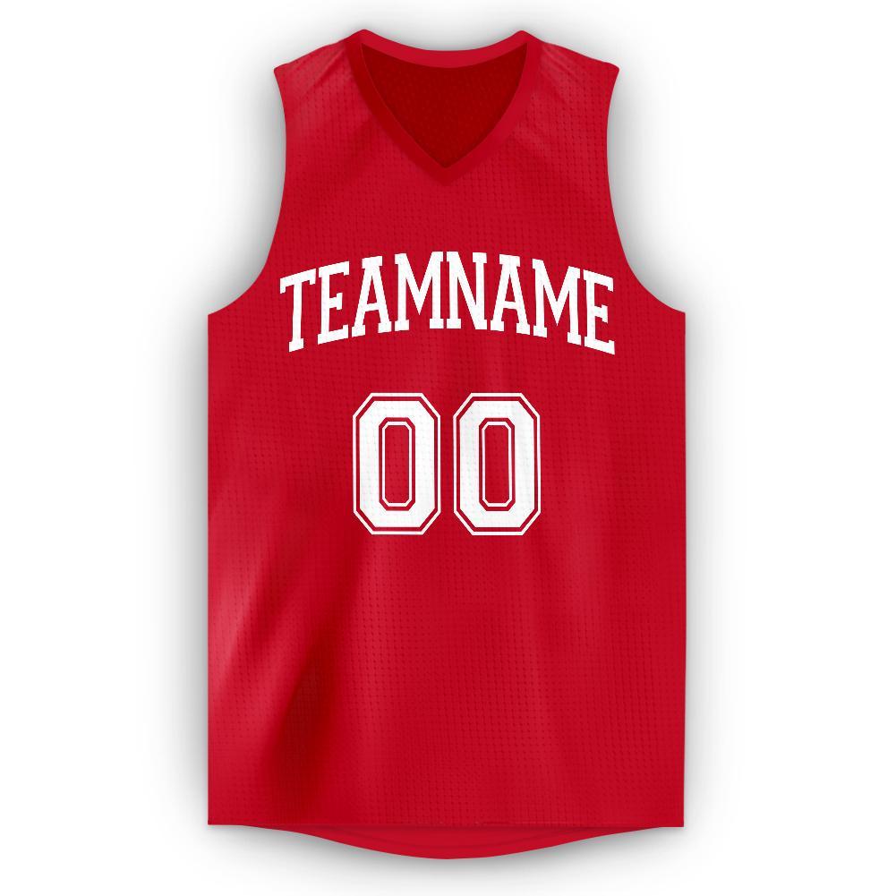 Custom Red White V-Neck Basketball Jersey view 5