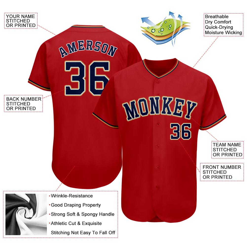 Custom Red Navy-Old Gold Authentic Baseball Jersey view 3
