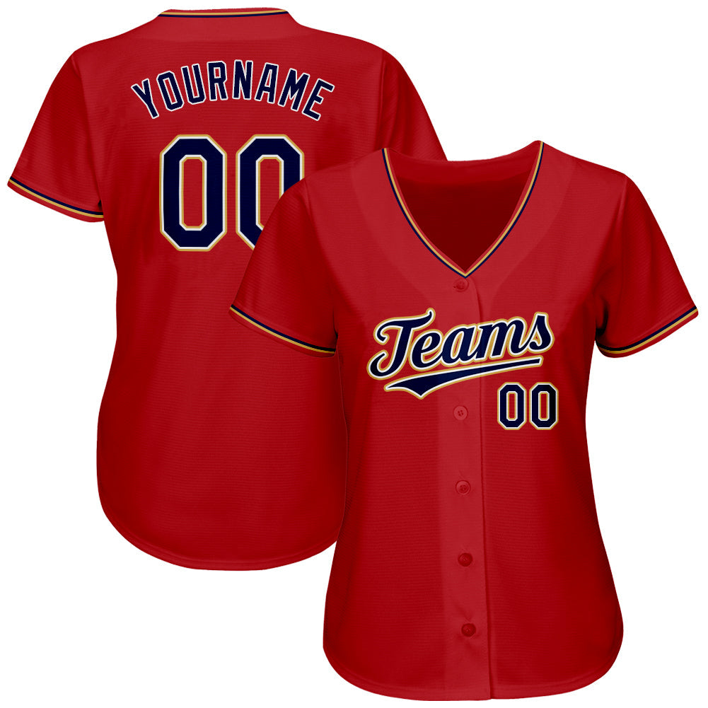 Custom Red Navy-Old Gold Authentic Baseball Jersey view 2