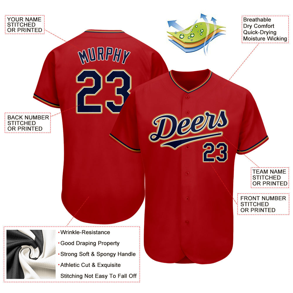 Custom Red Navy-Old Gold Authentic Baseball Jersey view 3