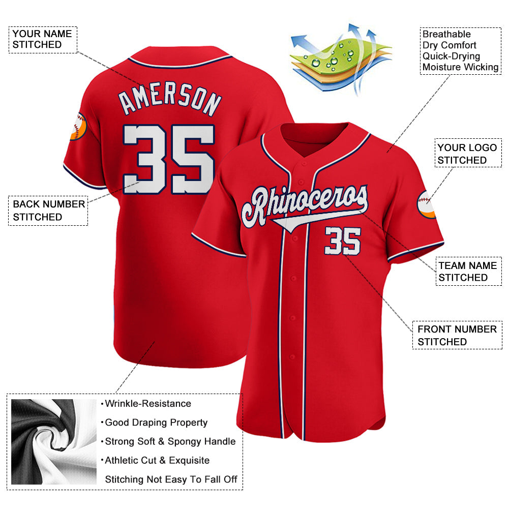Custom Red White-Navy Authentic Baseball Jersey view 3