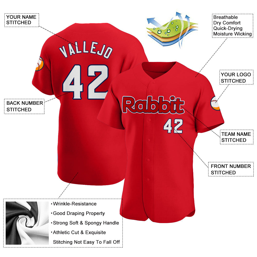 Custom Red White-Navy Authentic Baseball Jersey view 3