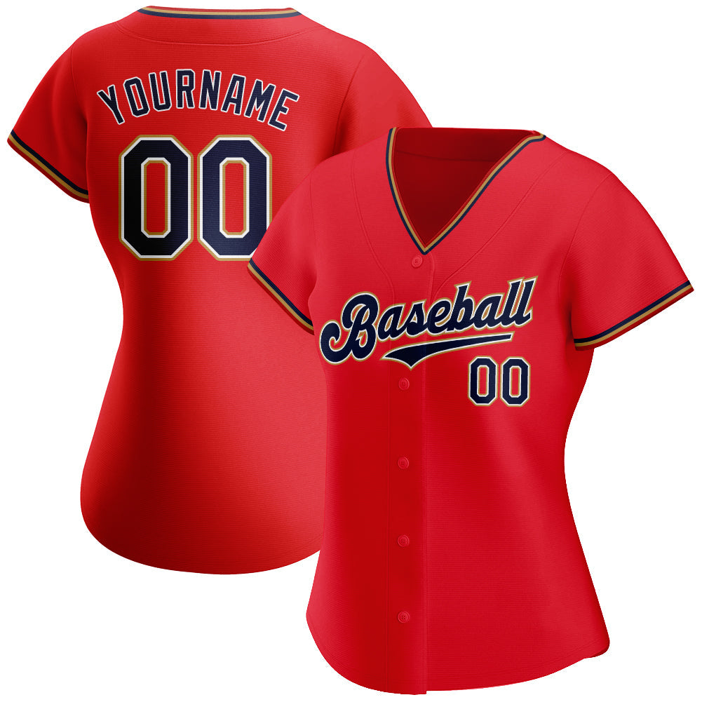 Custom Red Navy-Old Gold Authentic Baseball Jersey view 2