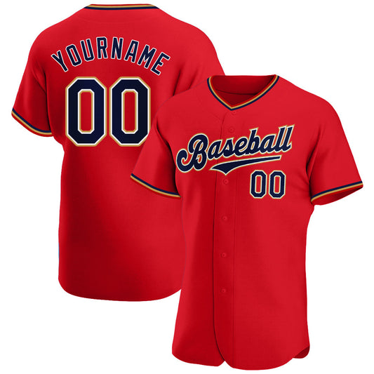 Custom Red Navy-Old Gold Authentic Baseball Jersey - Main View