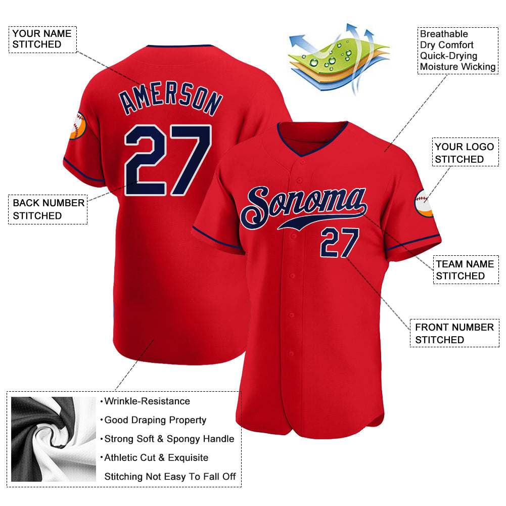 Custom Red Navy-White Authentic Baseball Jersey view 3