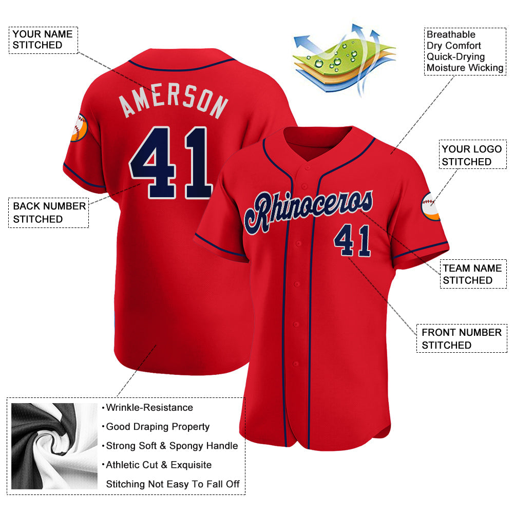 Custom Red Navy-White Authentic Baseball Jersey view 3
