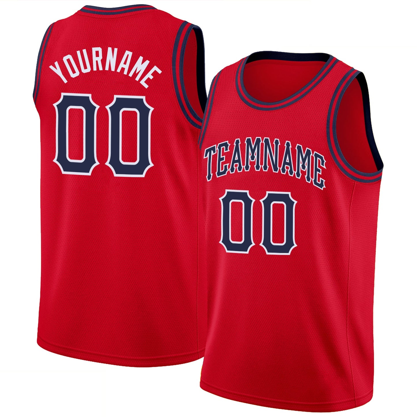 Custom Red Navy-White Round Neck Rib-Knit Basketball Jersey - Main View