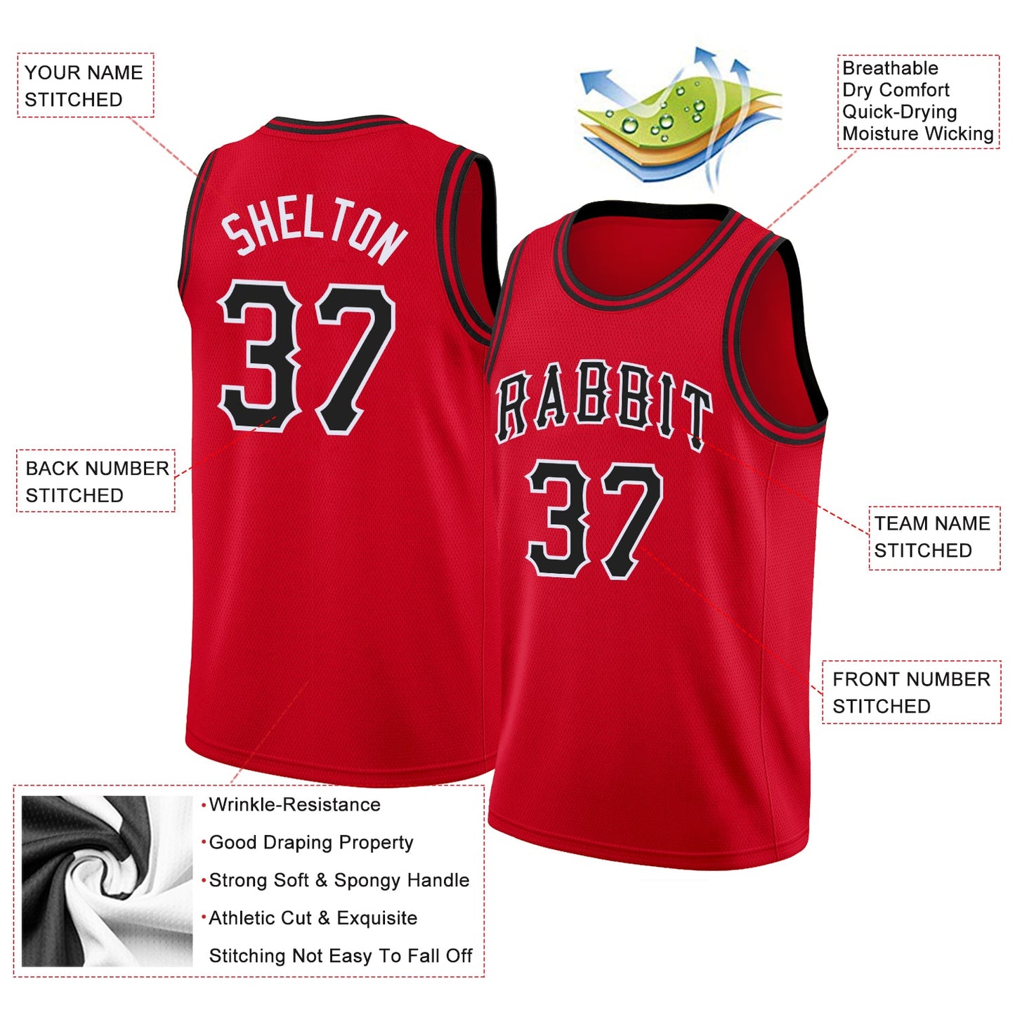 Custom Red Black-White Round Neck Rib-Knit Basketball Jersey view 2