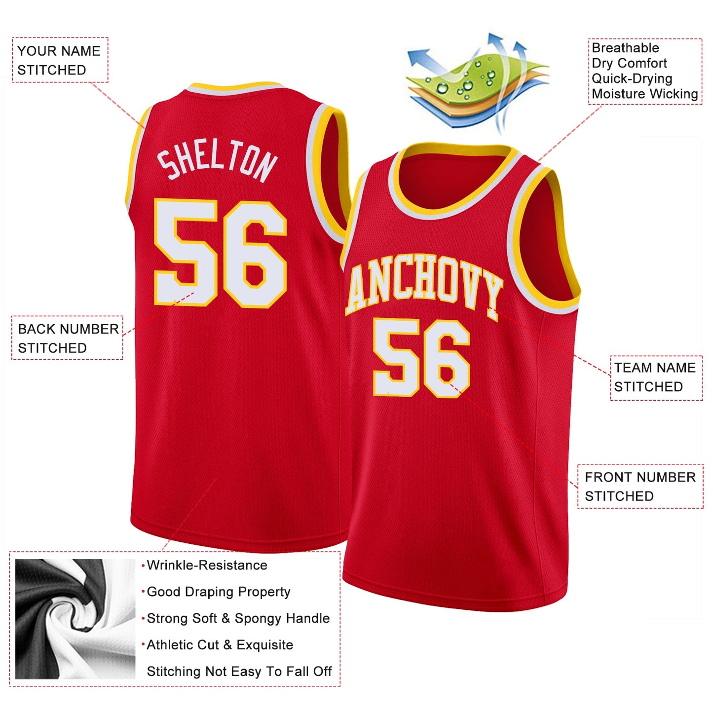 Custom Red White-Gold Round Neck Rib-Knit Basketball Jersey view 2